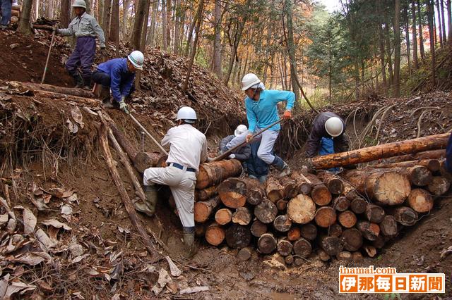 上新山に木製えん堤を設置