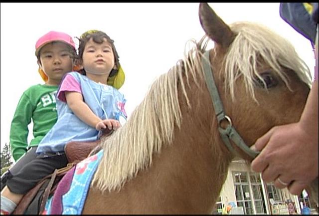 伊那東保育園の園児　園の庭で乗馬を体験