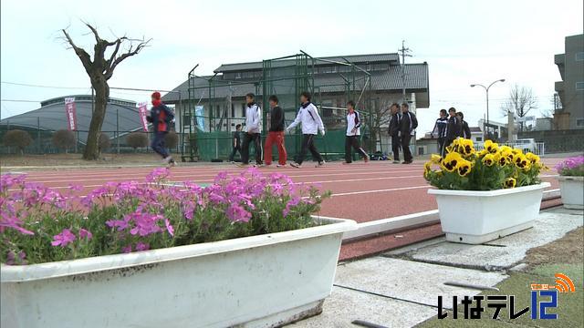 陸上競技場に芝桜とパンジー飾られる