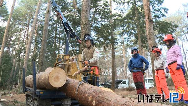 間伐材の効率的な搬出作業学ぶ