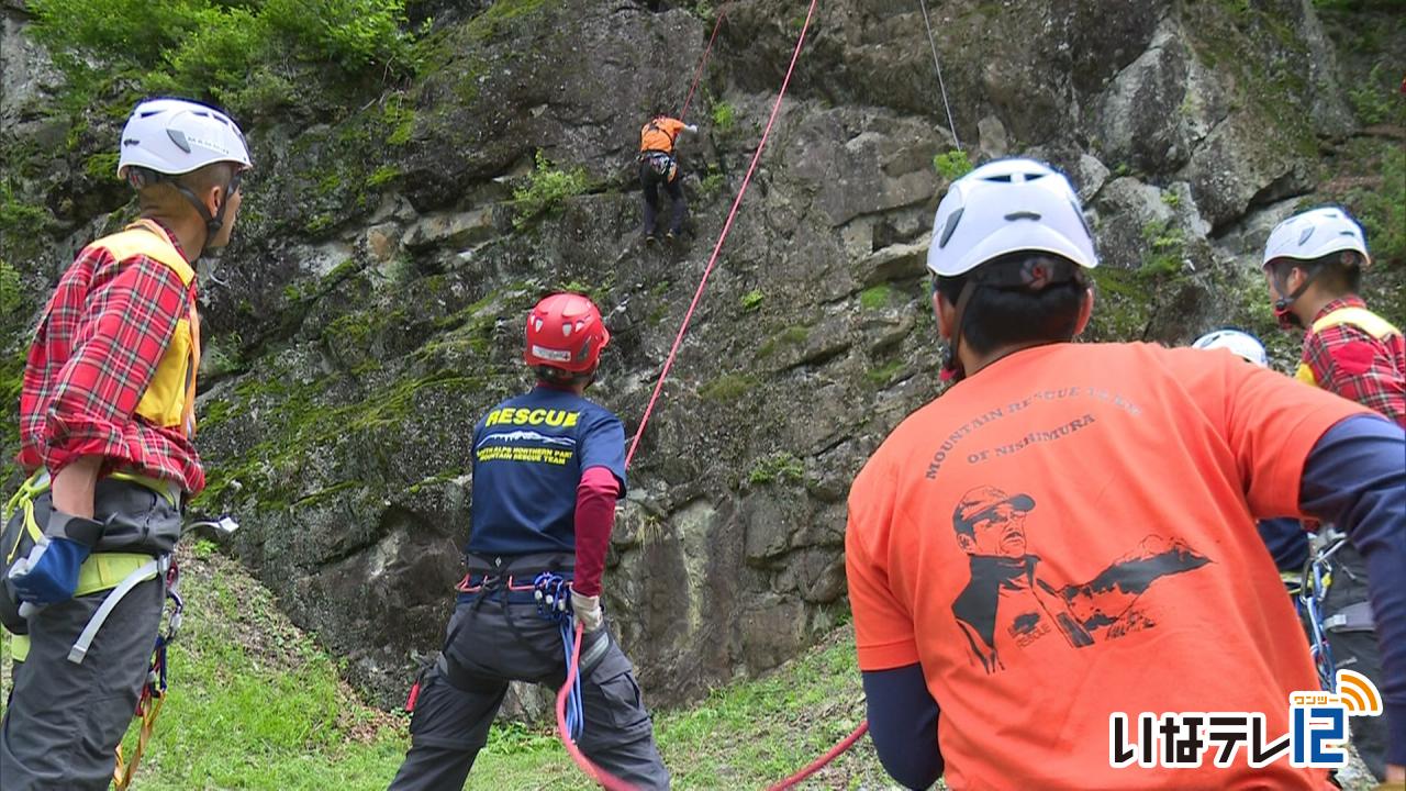 遭対協が岩場で遭難救助訓練