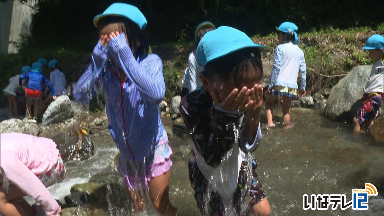 最高気温３５.６度 園児が川遊び